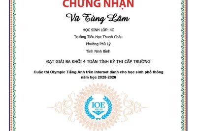 Trường Tiểu học Thanh Châu nhiệt liệt biểu dương và chúc mừng các em học sinh đã hoàn thành xuất sắc Cuộc thi Olympic Tiếng Anh trên Internet (IOE) cấp Trường năm học 2025 – 2026.